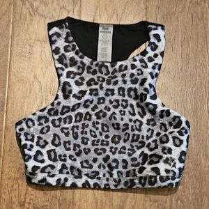 Good American Empower Bra In Snow Leopard High Neck Mesh Detail, Size 1 = small